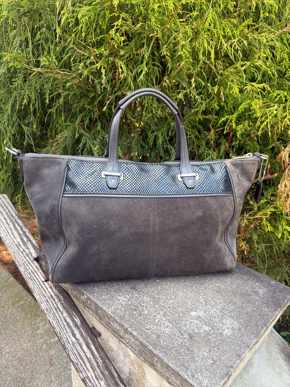 Coach Suede Embossed Snakeskin Mixed Material Satchel - Picture 3 of 17